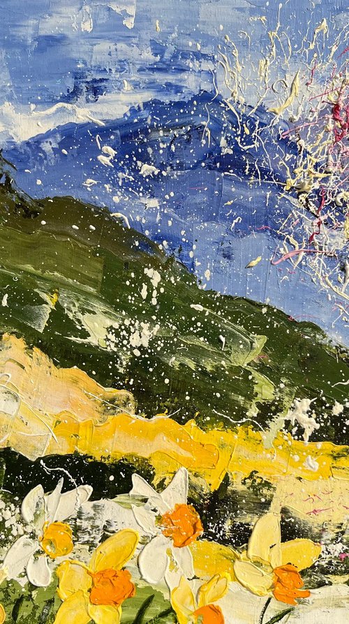 Carpathians. Daffodil Valley. original oil impasto painting by Halyna Kirichenko