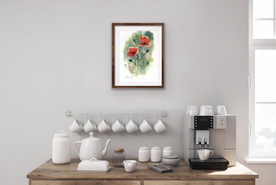 Red poppy watercolor painting original artwork gift for her home decor for kitchen