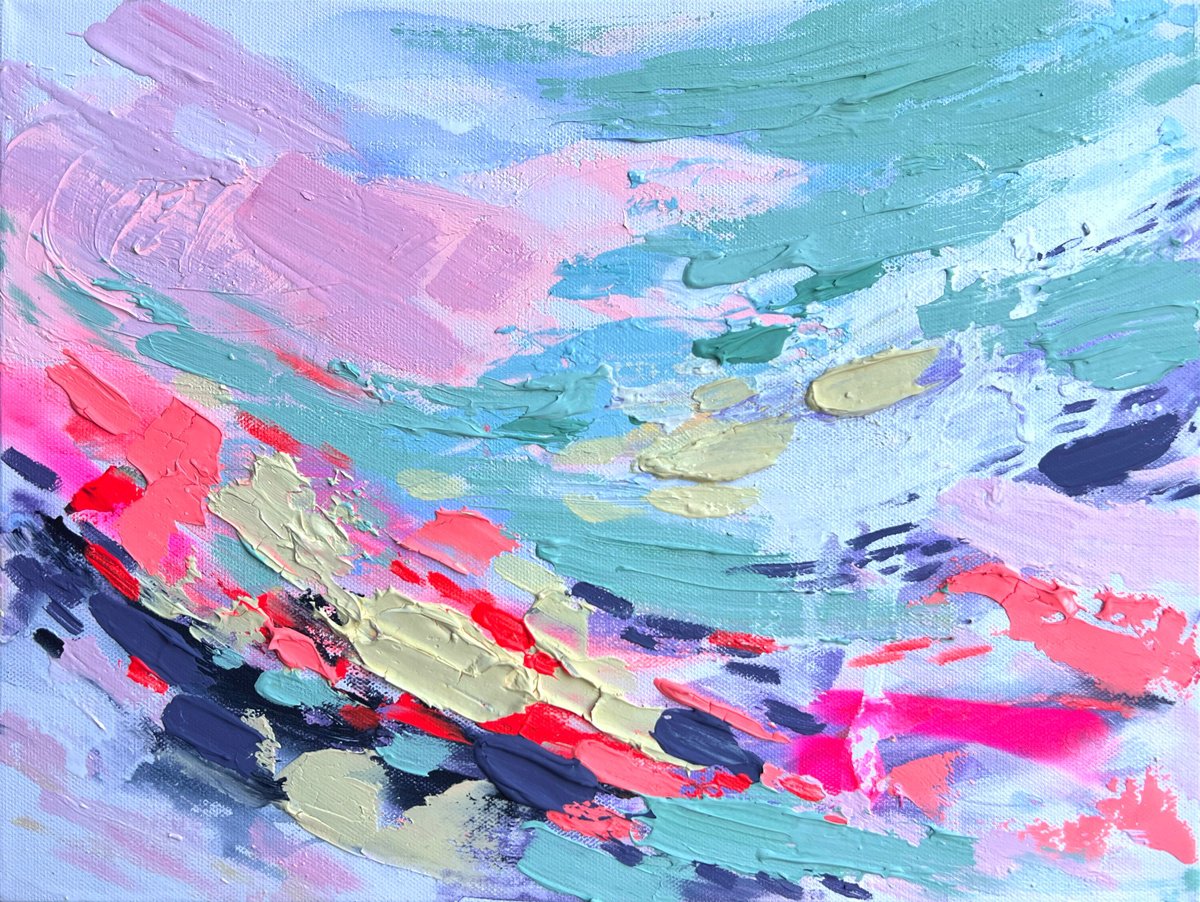 Impressionistic Abstract Acrylic Painting By Nataliia Karavan, 16 X 12", Aqua Bloom, Original Artwork