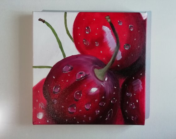 Cherries, original berry fruit still life oil painting, small gift idea