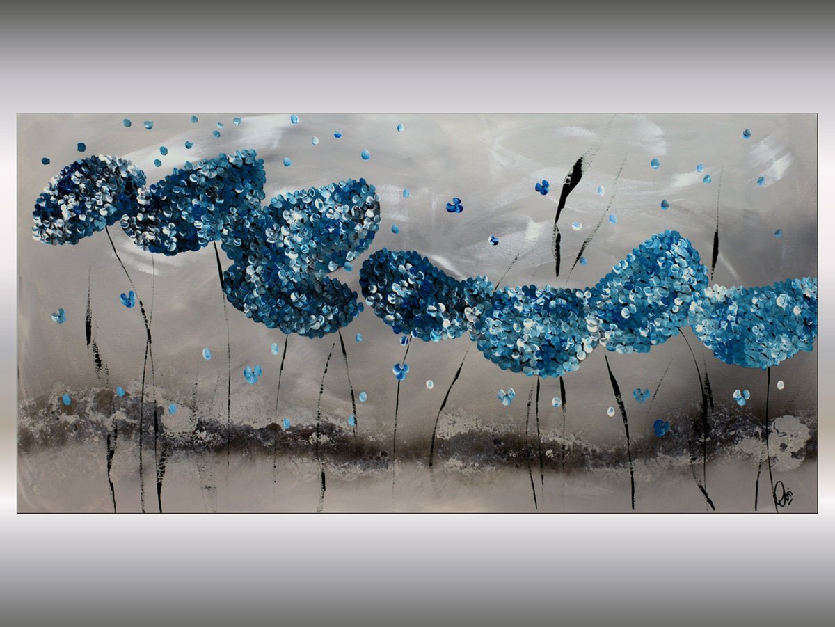 Abstract Botanical Acrylic Painting By Edelgard Schroer, 47 X 24, Blue Hydrangea, Original Artwork