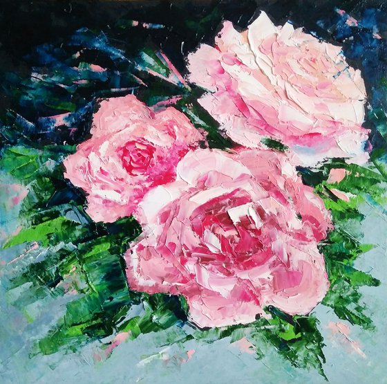 Pink Roses Painting Original Art Small Floral Wall Art Rose Flower Artwork Palette Knife 8 by 8