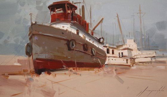 Tug on the Shore, Seascape, Original oil painting, Handmade artwork, One of a kind, Signed with Certificate of Authenticity