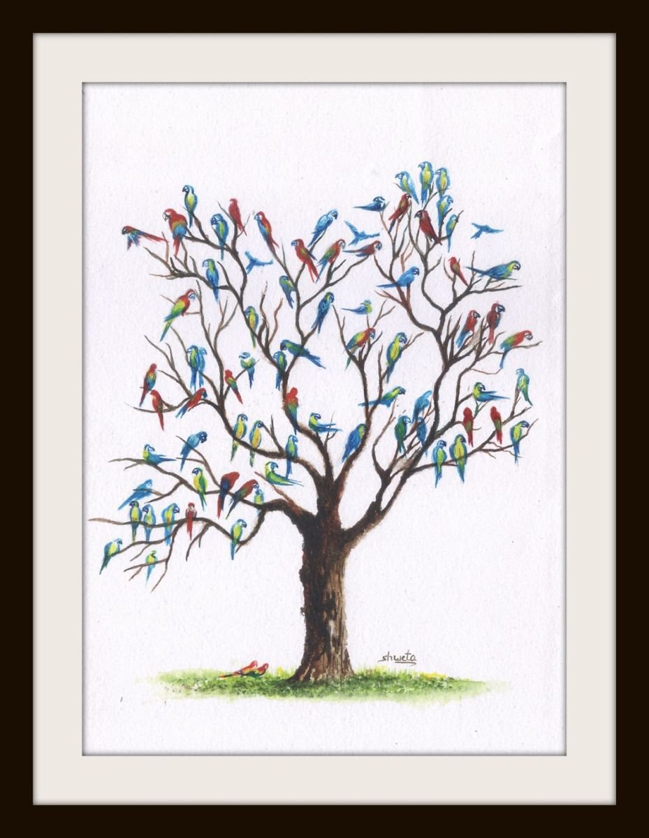 Macaw Birds on Tree - Watercolour Painting by Shweta Mahajan