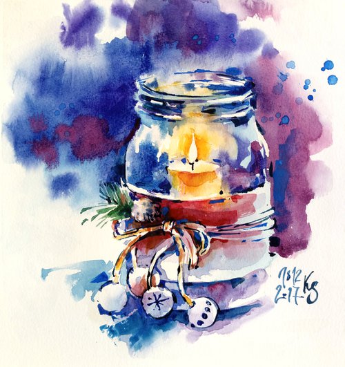 "Decorated autumn candle" original watercolor artwork by Ksenia Selianko