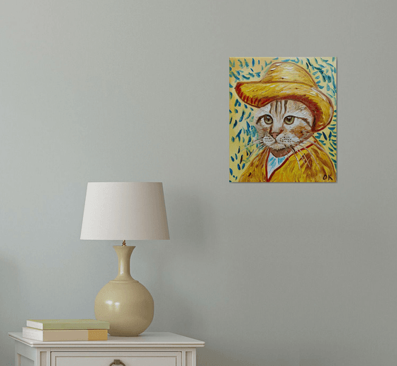 Cat in a straw hat with green eyes La Vincent Van Gogh