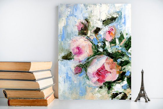 Floral Rose Painting Original Art Pink Flower Artwork Small Oil Wall Art