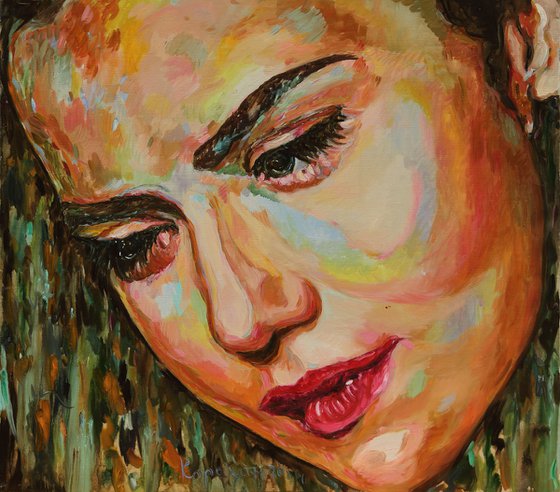 PRETTY FACE - Female portrait, original oil painting, face, render look, eyes, love, angel, lover, lips mother,  impressionism, interior art home decor, gift