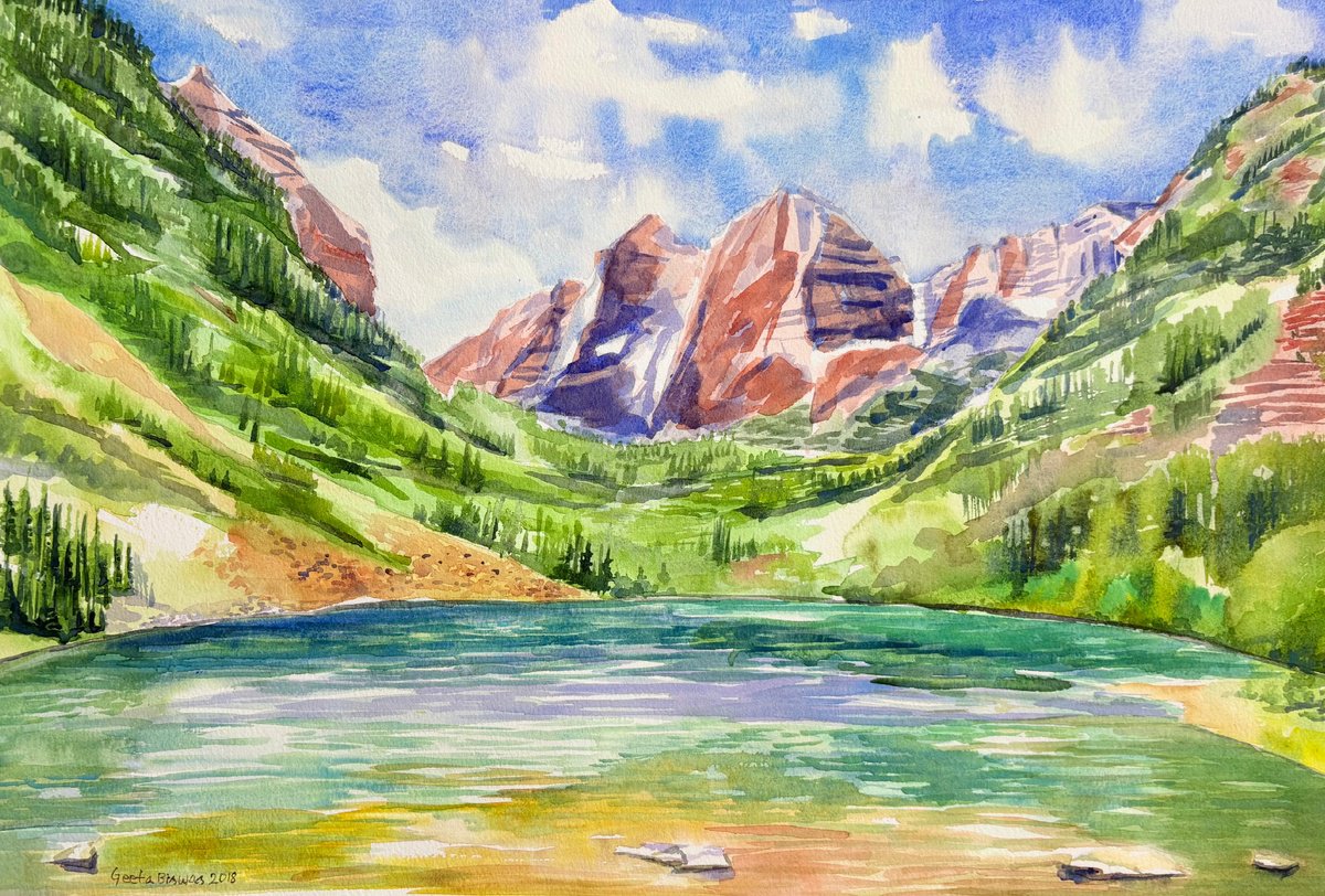 Impressionistic Landscape Watercolour By Geeta Yerra, 21 X 14, Maroon Bells, Colorado, Original Artwork