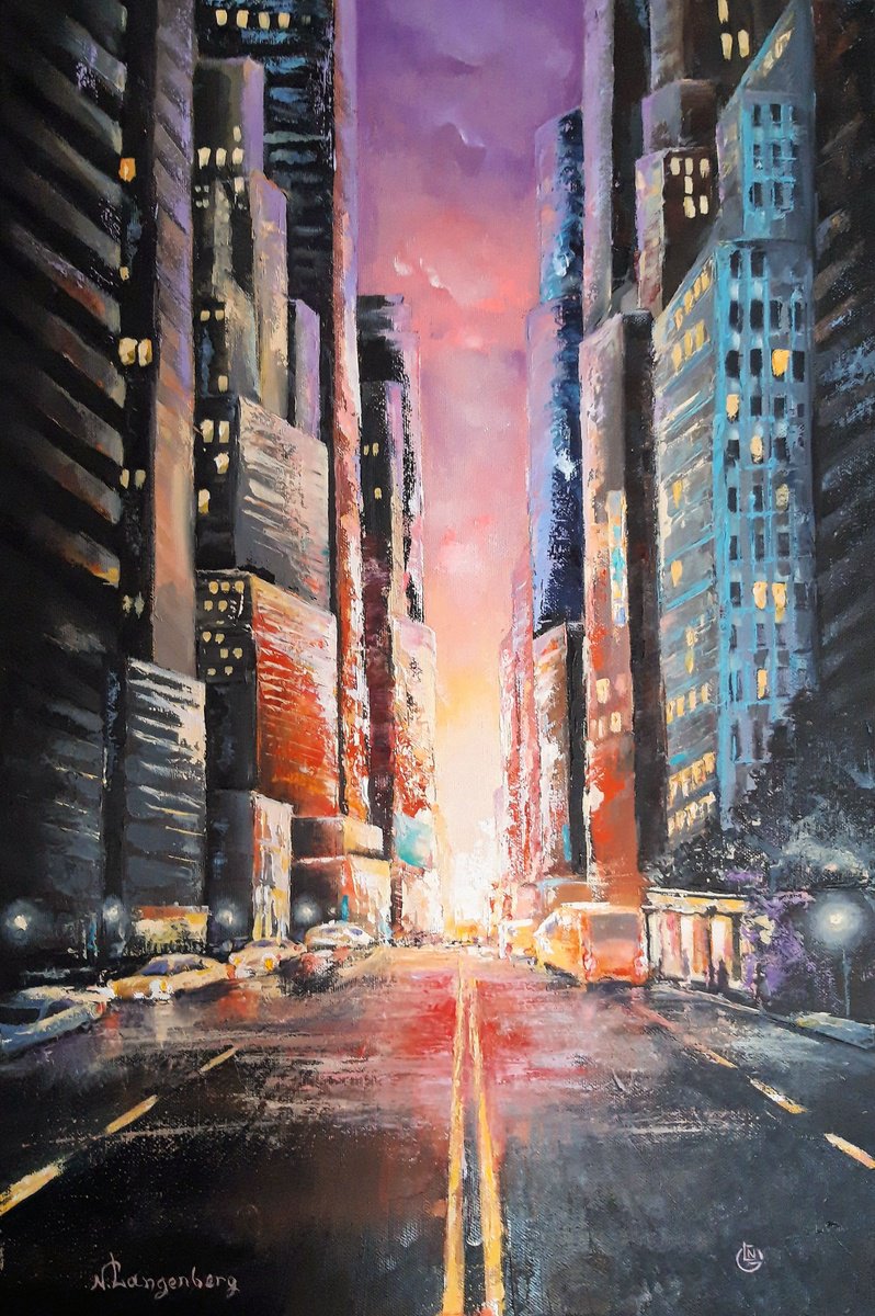 Urban And Pop Cityscapes Oil Painting By Natalia Langenberg, 16 X 24", Sunset Avenue, Original Artwork