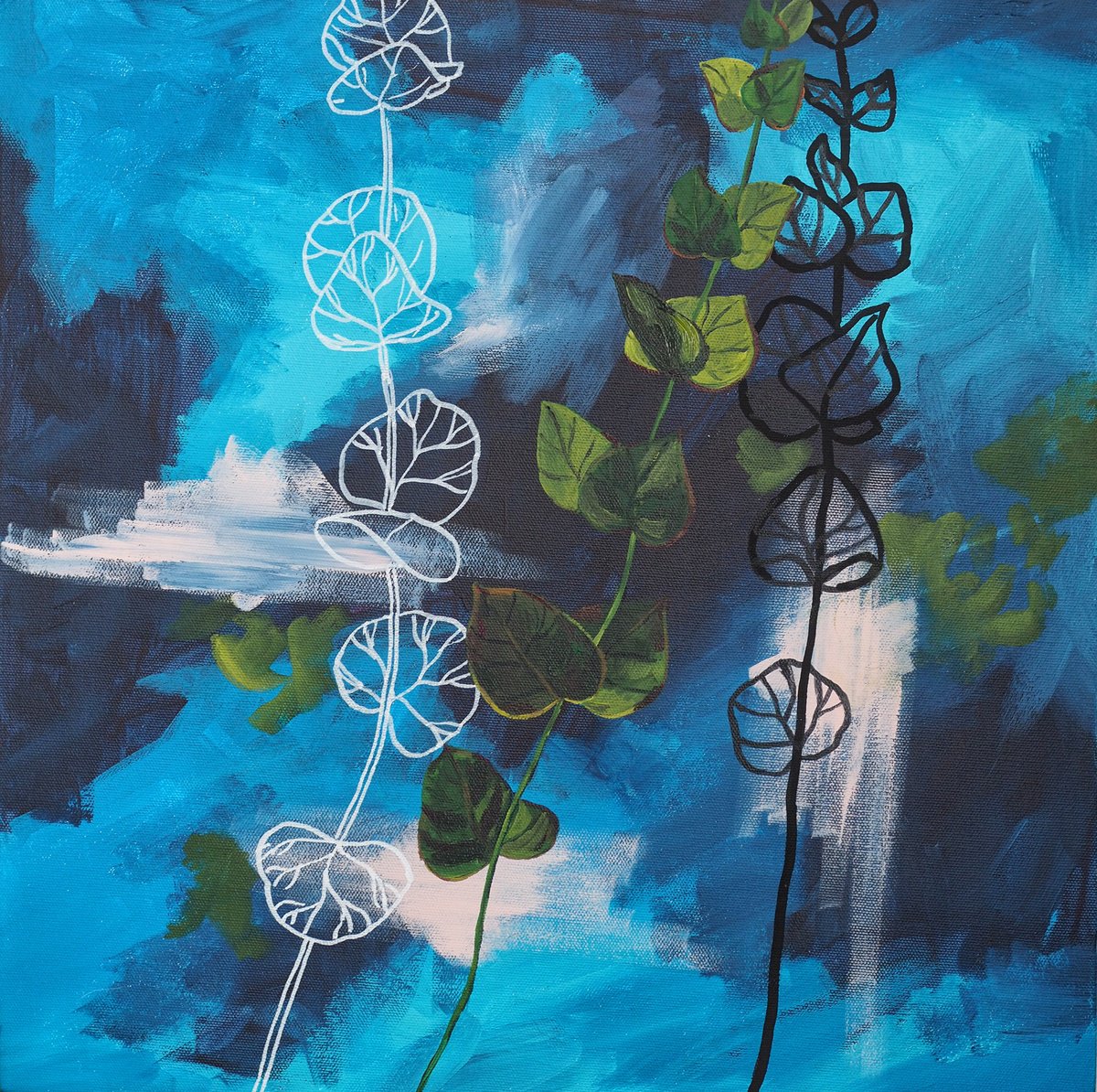 Expressive Botanical Acrylic Painting By Delnara El, 16 X 16, Eucalyptus, Original Artwork