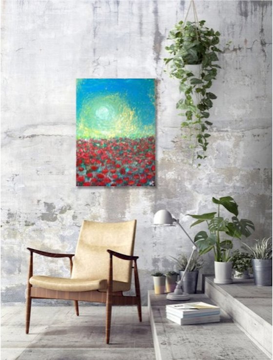27.5"x20"( 70x50cm), Roses in the sun, Original Impressionist Painting, Red, Blue, Ready to Hang