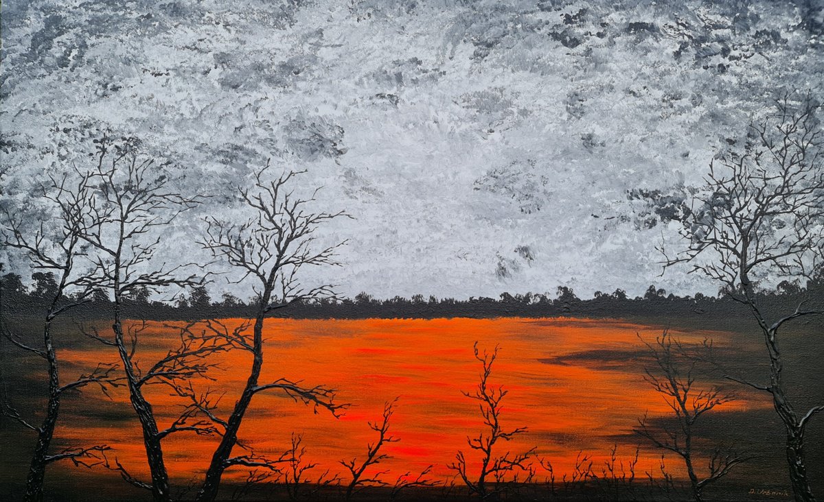 Impressionistic Landscape Acrylic Painting By Daniel Urbani?k, 31 X 20, Sun In The Lake 8, Original Artwork