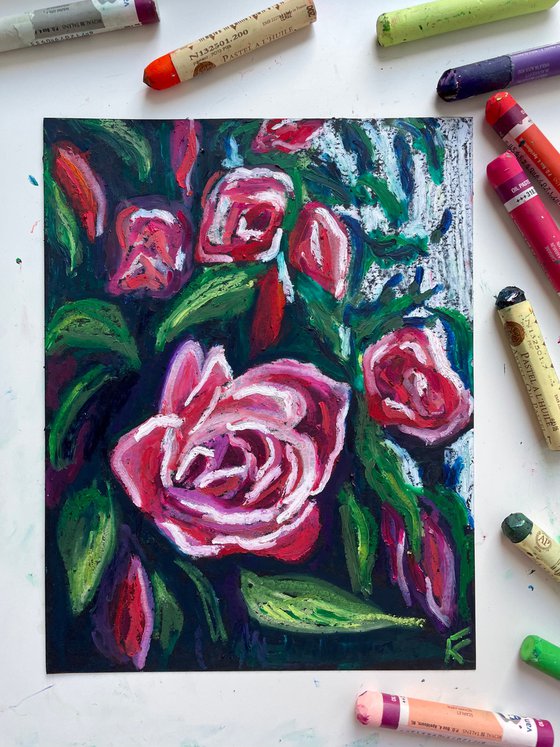 Rose Original Panting, Oil Pastel Painting, Hand Painted Card, Gifts for Her, Dark Floral Wall Art