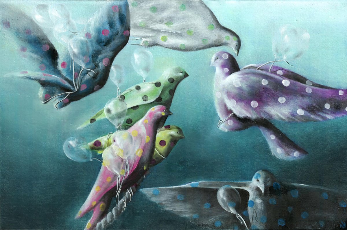 Surrealistic Animal Oil Painting By Vanessa T Stefanova, 18 X 12", Flock Party, Original Artwork