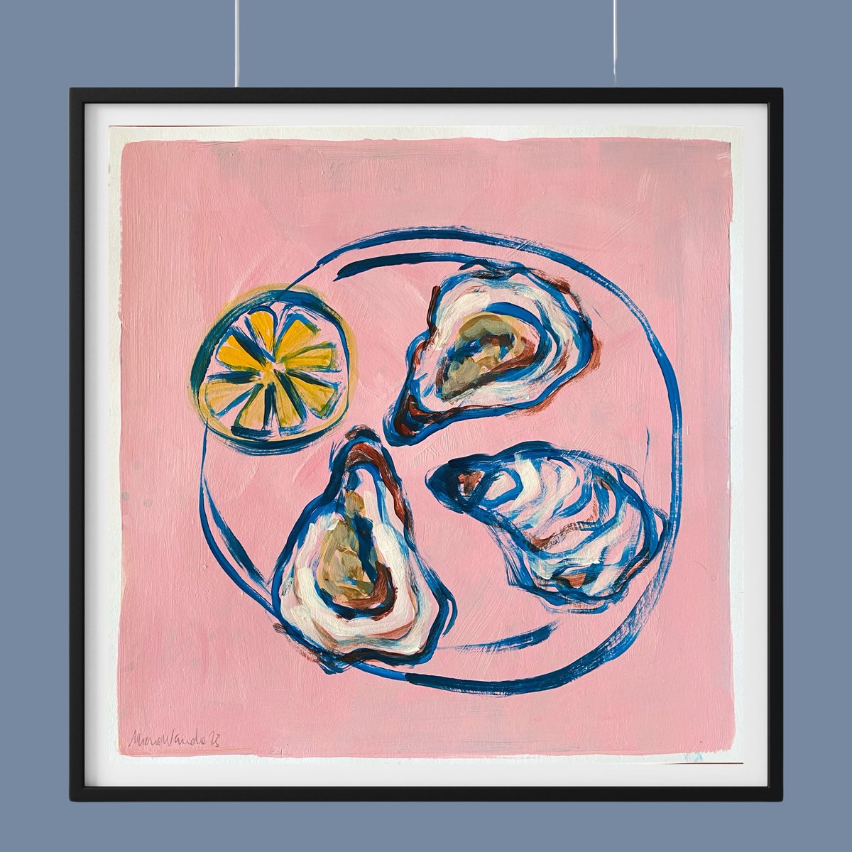 Abstract Still Life Acrylic Painting By Mara Wanda, 8 X 8", Oysters And Lemon, Original Artwork