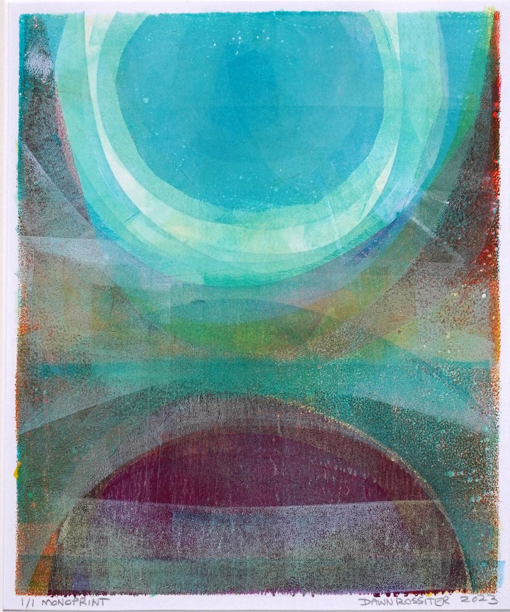 Aqua Glow Mounted and Backed 40cm (16) x 30 cm (12) Original Signed Monotype by Dawn Rossiter