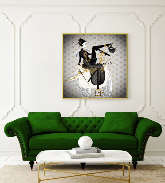 There's an Angel in the Saddle - Horse - Dressage - Burlesque Star - Equestrian - Art Deco - XL Large Painting