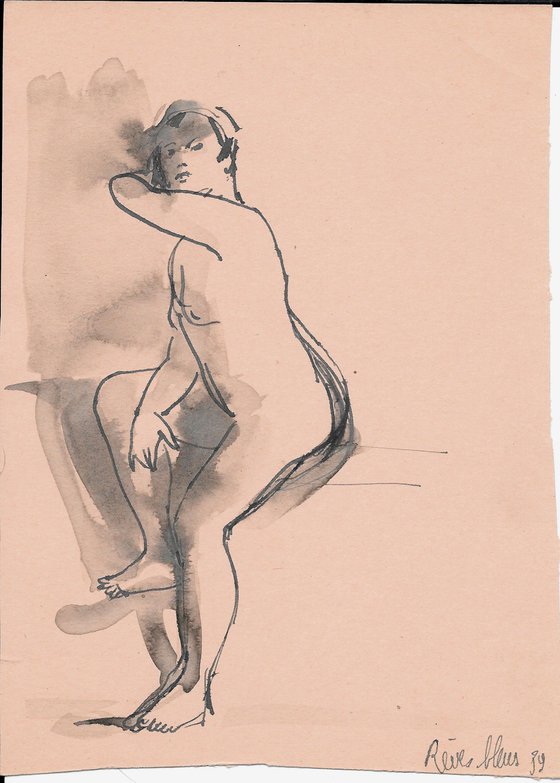 BLUE DREAMS nude study life drawing on pink paper 17x24 cm