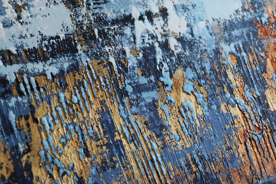 COOL BREEZE * 71" x 23.6" * ABSTRACT ACRYLIC PAINTING ON CANVAS *** BLUE * WHITE * GOLD