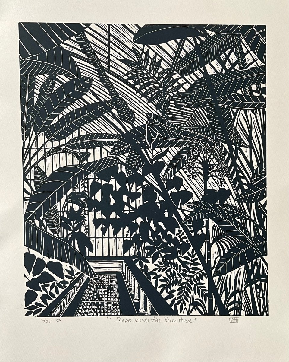Graphic Botanical Linocut By Alison Headley, 16 X 19, Shapes Inside The Palm House, Original Artwork