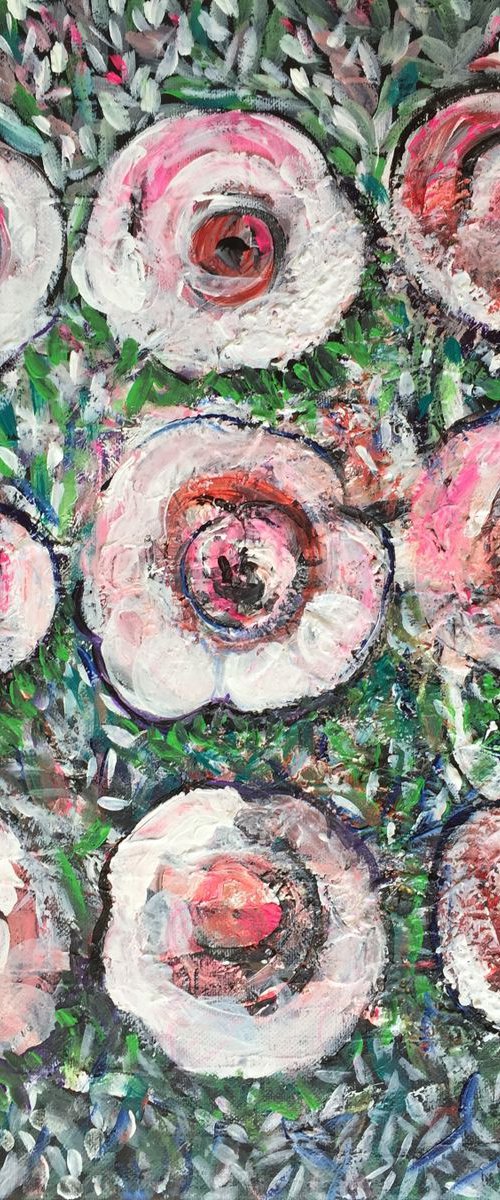 Roses in Line Floral Artwork For Sale Original Flower Painting On Canvas Ready to Hang Gift Ideas Acrylic Paintings Buy Art Now Free Delivery 35x45cm by Kumi Muttu