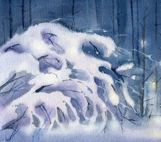 Christmas tree with garlands in the winter forest. Watercolor artwork.