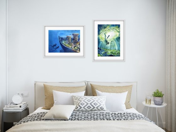 Set of two watercolor artworks.  Divers under water.