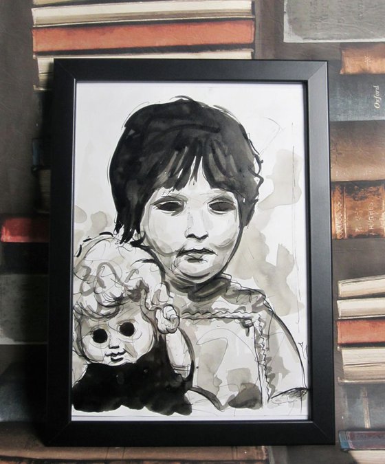 Ink drawing Girl & Doll