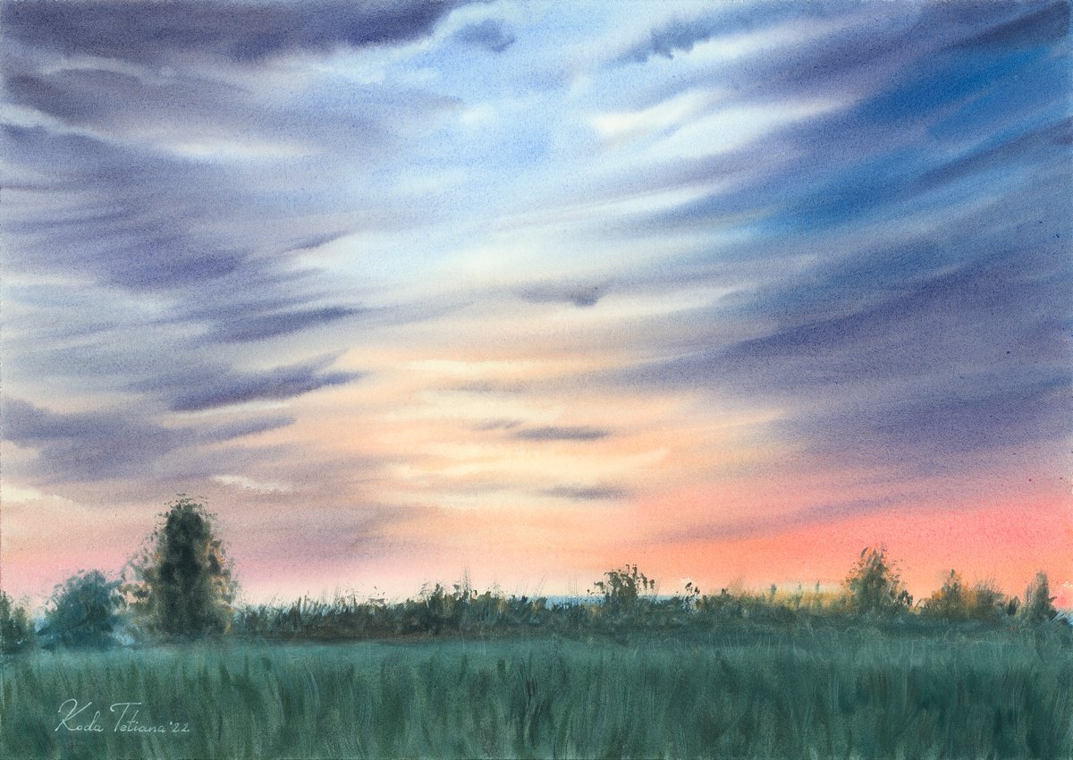 Photorealistic Landscape Watercolour By Tetiana Koda, 17 X 12", Misty Morning Field, Original Artwork