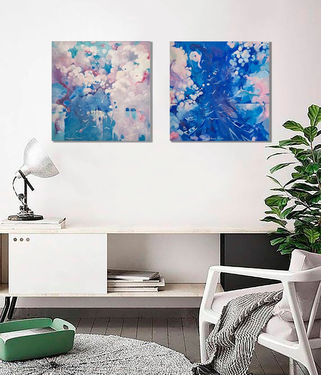 Impressionistic Landscape Oil Painting By Natalia Yampolskaia, 31 X 16", Sea. Energy And Light Diptych., Original Artwork