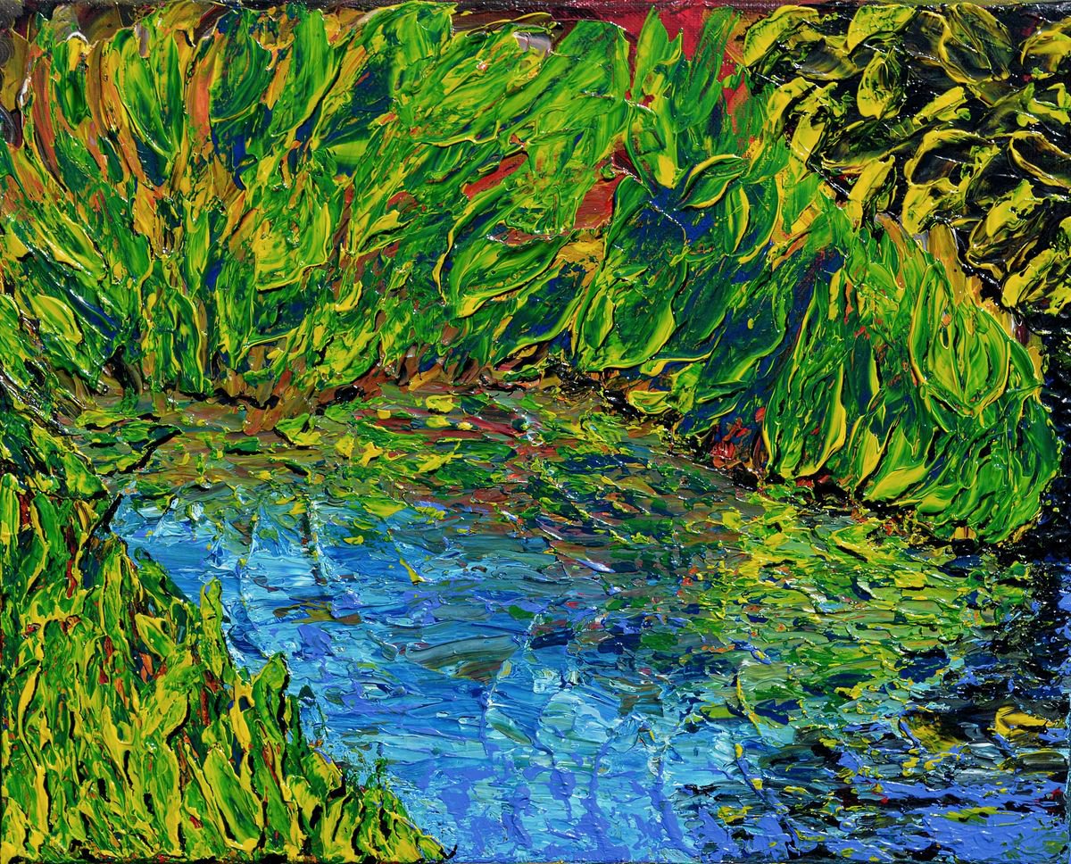 Impressionistic Landscape Acrylic Painting By Thierry Vobmann. Abstract ., 16 X 13", The Pond Of Love, Original Artwork