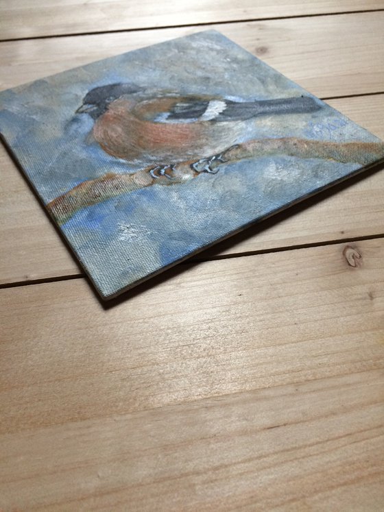 Bird oil painting - Bullfinch female small canvas art - Christmas gift for bird lover (2021)