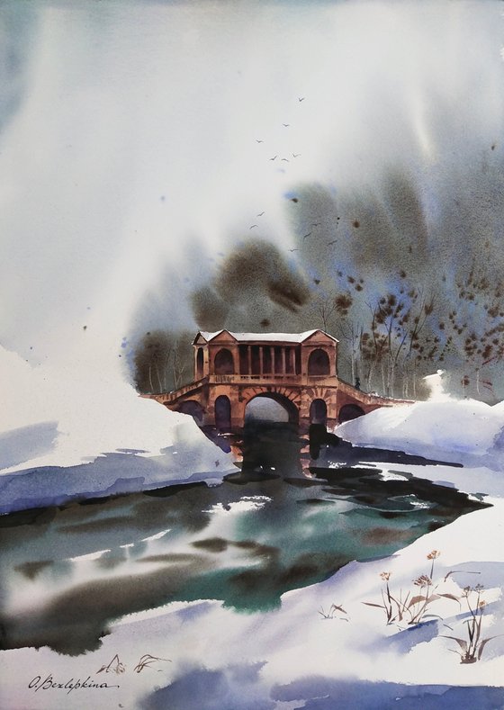 Bridge in winter - winter landscape with bridge and river