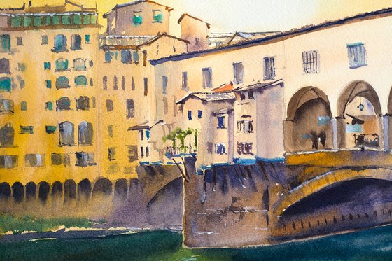 Sunset in Florence. View of the Ponte Vecchio. Medium format watercolor urban landscape Mediterranean italy sea bright architecture