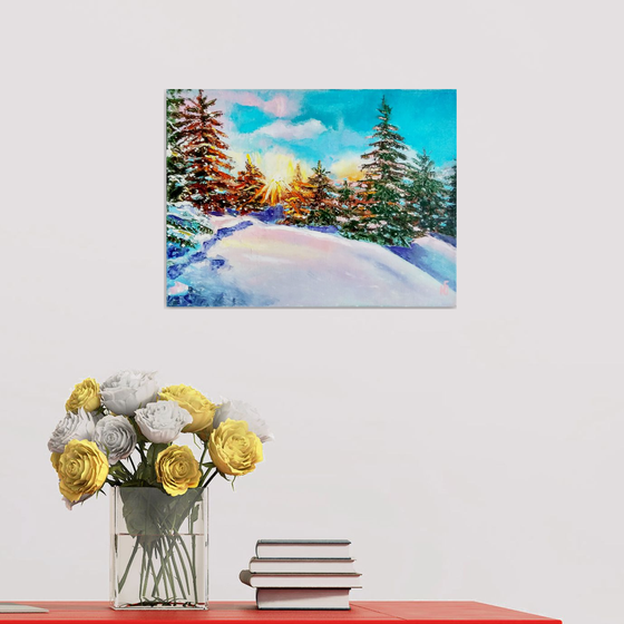 Fabulous winter, Pine Tree Painting Original Art Alaska Artwork Snowy Landscape Wall Art