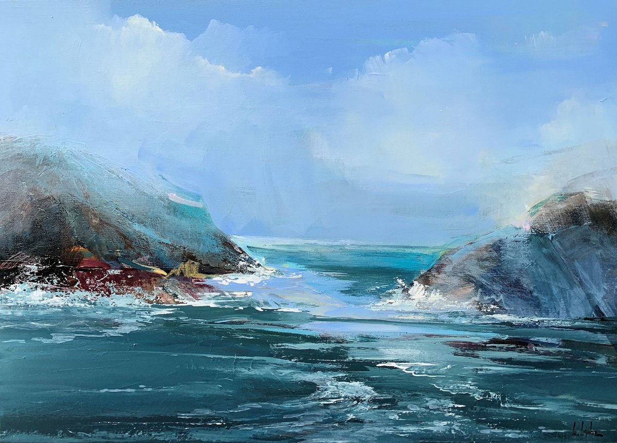 Impressionistic Landscape Acrylic Painting By Irina Laube, 28 X 20, Sicilian Coast, Original Artwork