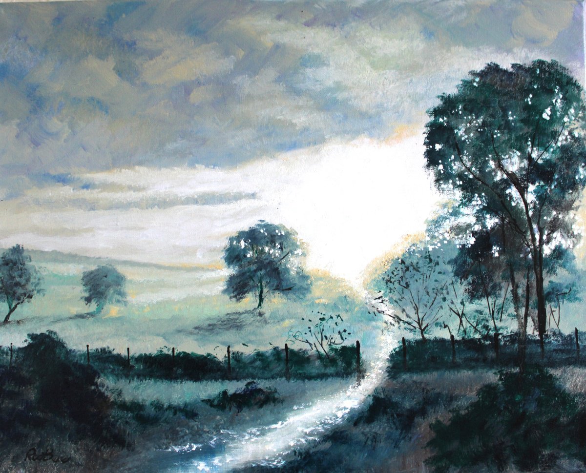 Impressionistic Landscape Oil Painting By Rod Bere, 20 X 16", Subdued Sunset, Original Artwork