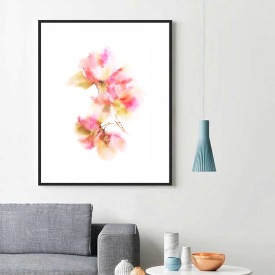 Soft pink flowers, watercolor loose flowers romantic painting "Apple blossom"
