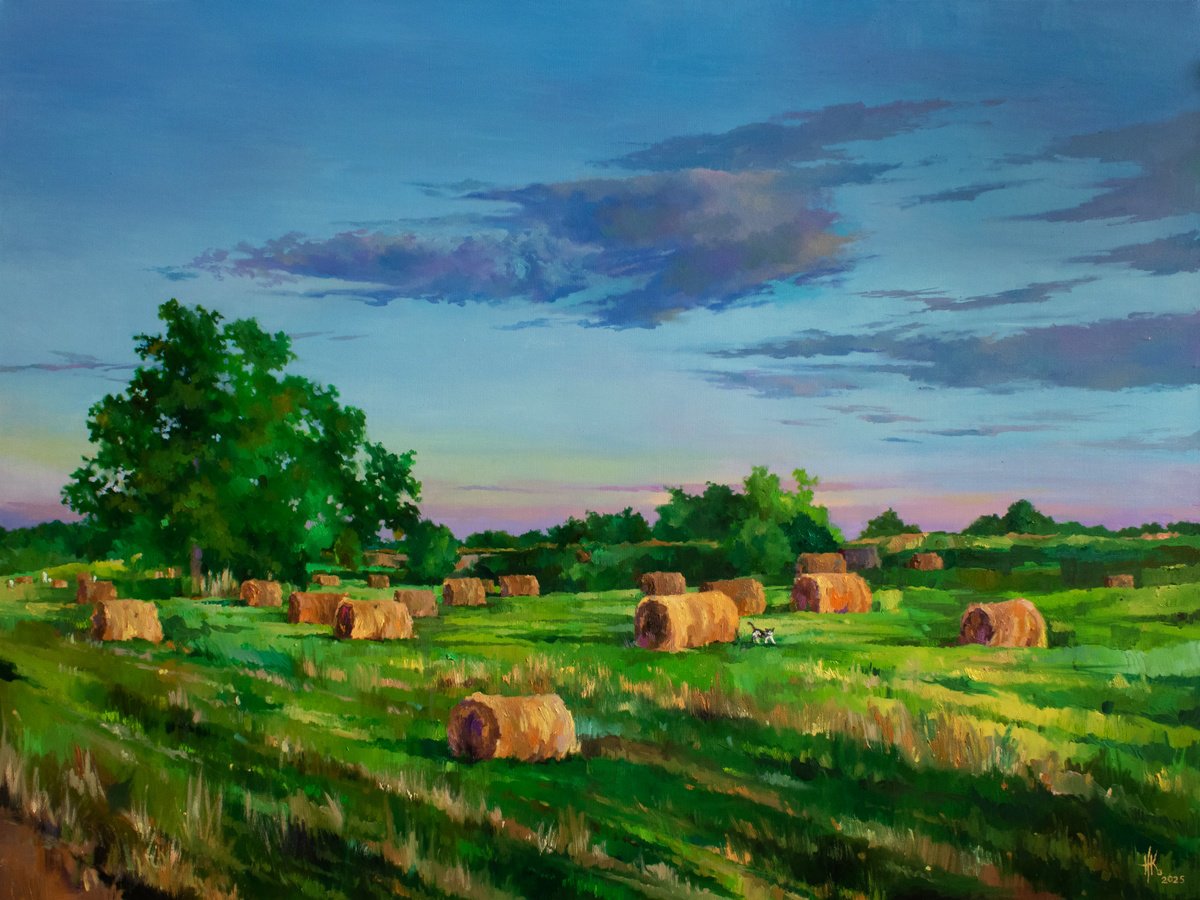 Expressive Landscape Oil Painting By Zhanna Kondratenko, 47 X 35", A Cat Among The Hay Bales, Original Artwork