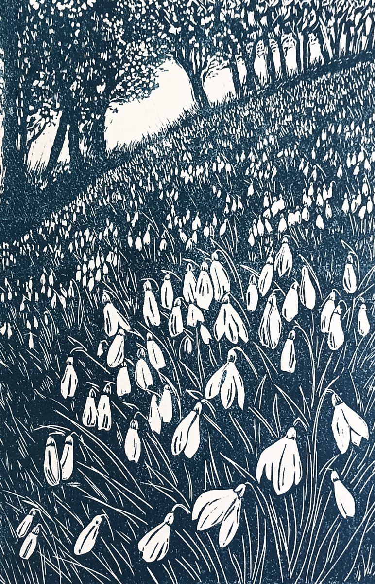 Illustrative Landscape Linocut By Jo Biggadike, 11 X 16, Snowdrop Wood, Original Artwork