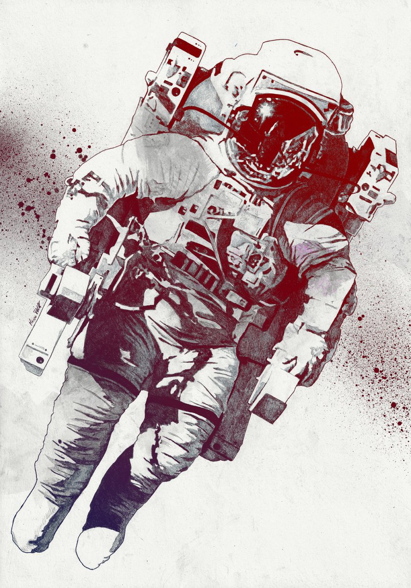 Clavius red | spaceman pencil drawing | spray paint astronaut art print by Marco Paludet