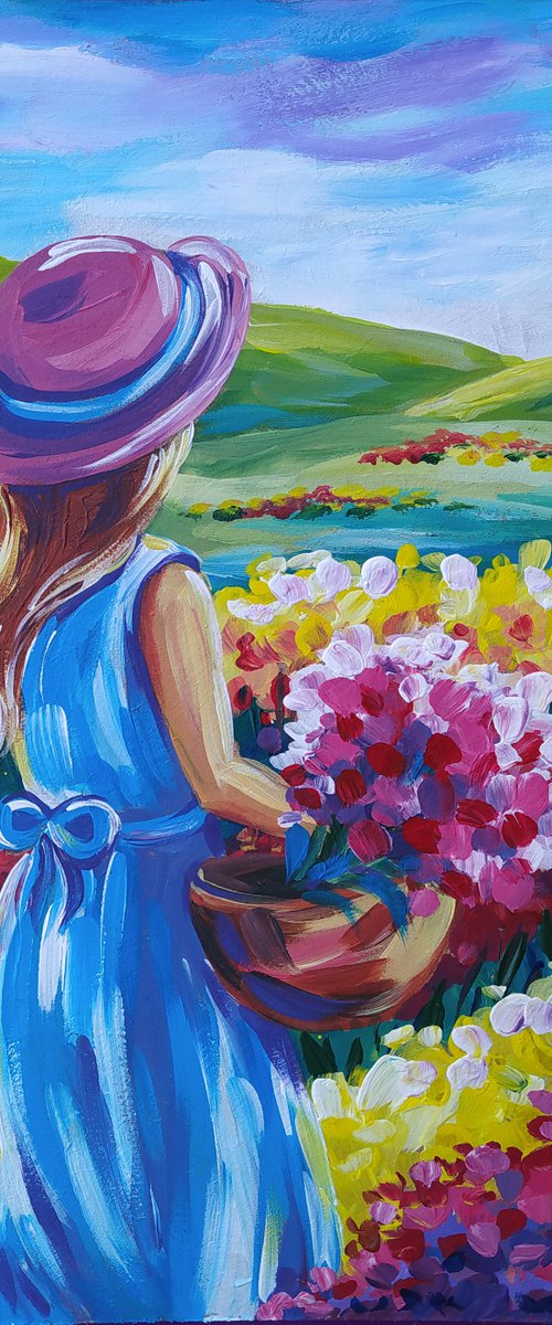 Peace - acrylic painting, child, tulips, childhood, girl, children, woman, flowers, tulips field by Anastasia Kozorez