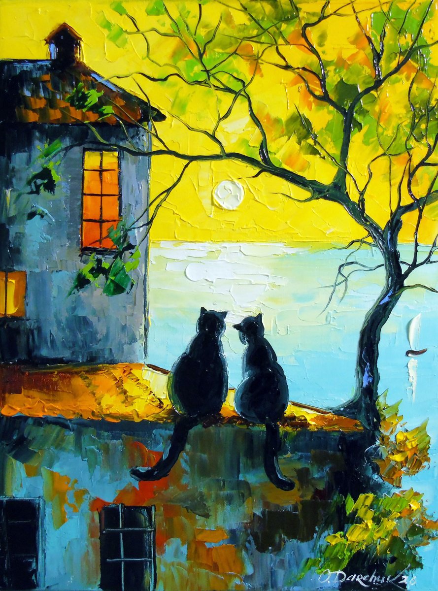 Cats Watching The Sunset Together By Olha Darchuk, 12 X 16, Artwork For Sale On Artfinder
