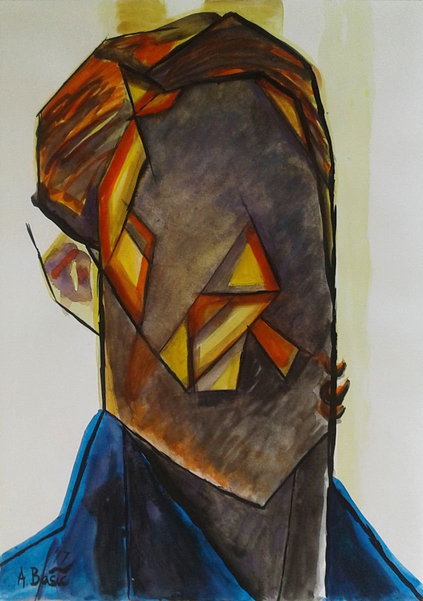 Geometric Portrait Painting By Aleksandar Basic, 12 X 17, i?douard Vuillard, Original Artwork
