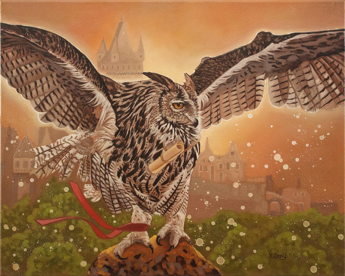 Surrealistic Animal Oil Painting By Yue Zeng, 20 X 16", Owl Messenger, Original Artwork