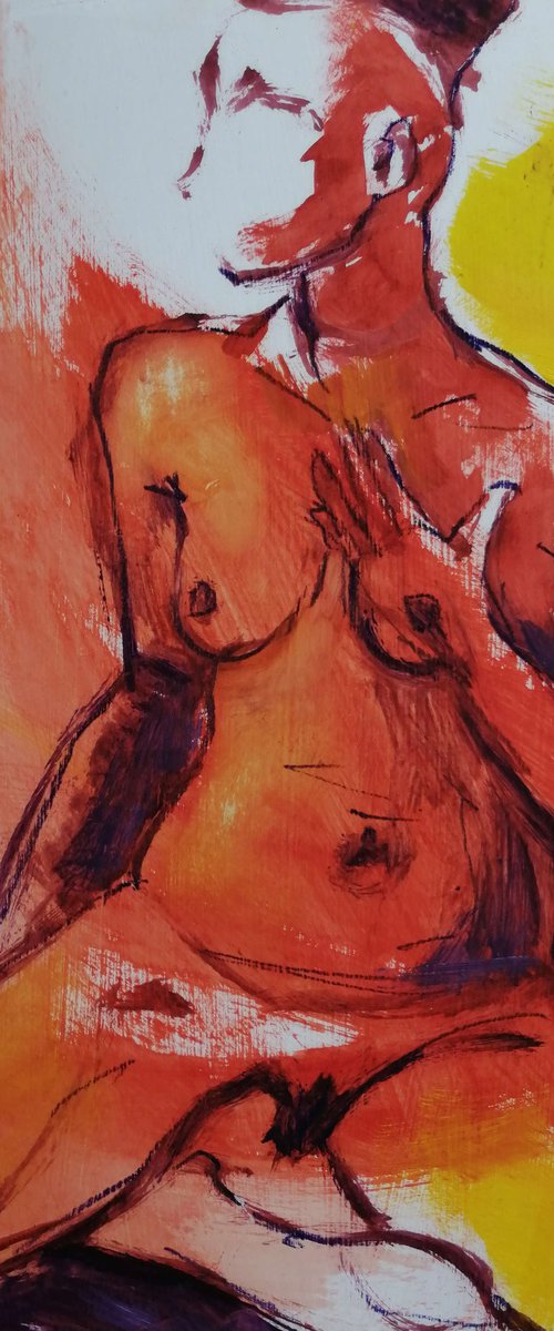 Nude orange study women oil on paper by Olga David