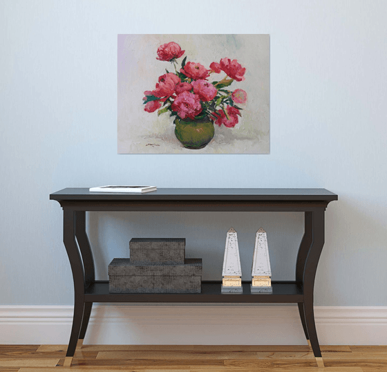 Peonies in Olive Green Vase