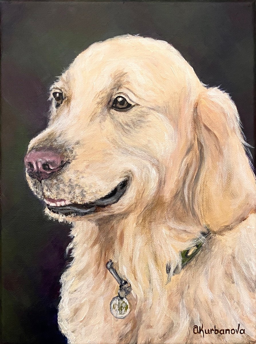 Photorealistic Animal Acrylic Painting By Olga Kurbanova, 9 X 12", Smiling Dog, Original Artwork