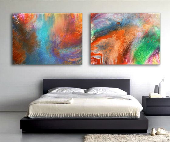 "Origin Of Time" - FREE WORLDWIDE SHIPPING + $600 OFF the Original Price - Original Diptych, Abstract PMS Fluid Acrylic Paintings Series - 96" x 36"